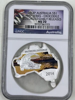2014P Australia S$1 NGC MS70 Crocodile Colorized Map Series - Image 1 of 4