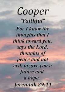 Tarjeta de significado de nombre de recuerdo Cooper "fiel" con versículo bíblico - Imagen 1 de 1