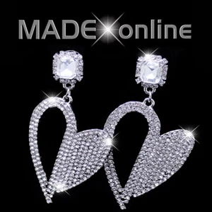Heart Earrings, Dangle Drop Large Bling Studs in Sparkle Silver, Gold and AB - Picture 1 of 8