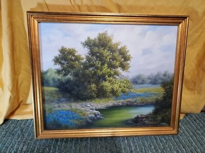 Pintura al óleo original encargada de P. Deltz "parcialmente nublada con bluebonnets"  Foto 1 de 4
