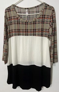 Watermelon 3X Colorblock Tunic Blouse Plaid Cream Black  - Picture 1 of 7