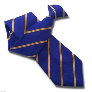 Royal Blue Mens Security Clip On Tie Clipper - slim Red Stripes bordered in Gold - Picture 1 of 6