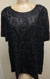 1980's Vintage Candlelight & Champaign Black Beaded Short Sleeves Blouse - 18W - Picture 1 of 10