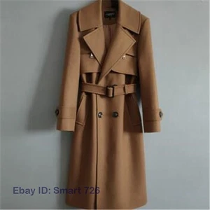 Mens long real 100% wool jacket British style trench Lapel belt on coat overcoat - Picture 1 of 14
