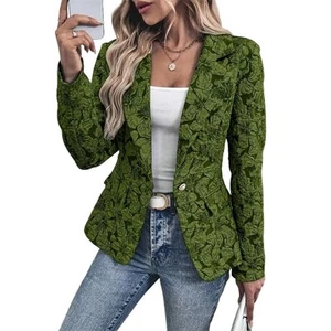 Chic Trendy Floral Embossed Blazer L Green Jacket Casual Textured Party Classy - Picture 1 of 9
