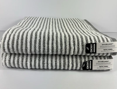 Juego de toallas de baño DKNY Eco Melange gris blanco rayas 2 piezas algodón suave NUEVO Foto 1 de 4
