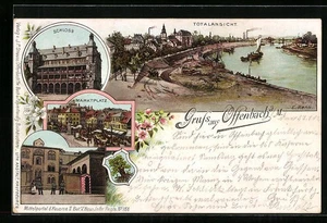 Lithographie Offenbach a. M., Totalansicht mit Main, Marktplatz, Kaserne, Wappe  - Picture 1 of 2
