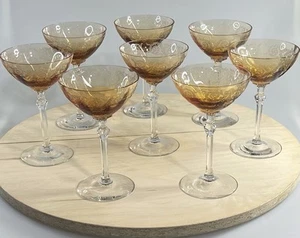 Rare (8) 1930s Fostoria “Acanthus” Amber Coupe Champagne Glasses Crystal Etched - Picture 1 of 9