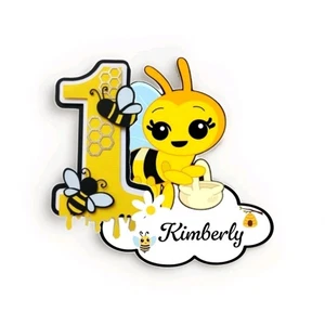 12 Personalized 4" Bee with # 1 and Name - Laminated Sticker Stick On Favor Bags - Picture 1 of 4