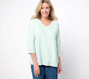 LOGO by Lori Goldstein Cotton Slub Knit 3/4-Sleeve Top - Damen 3X - Soft Green - Bild 1 von 1