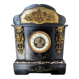 VICTORIAN INLAID BLACK MARBLE GOLD CHERUBS MANTEL CLOCK - Picture 1 of 20