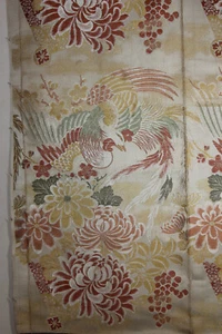 antique textile Japanese hand woven silk maru obi fabric phoenix winter floral 1 - Picture 1 of 24