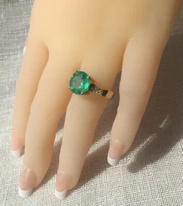 COLOMBIAN NATURAL EMERALD & DIAMONDS ENGAGED RING 18K YELLOW GOLD - Picture 1 of 10