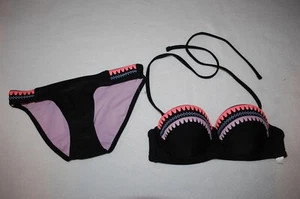 Womens Swimsuit 2 PC BIKINI SET Push Up BLACK w/ PEACH PURPLE EMBROID Size XS - Picture 1 of 2