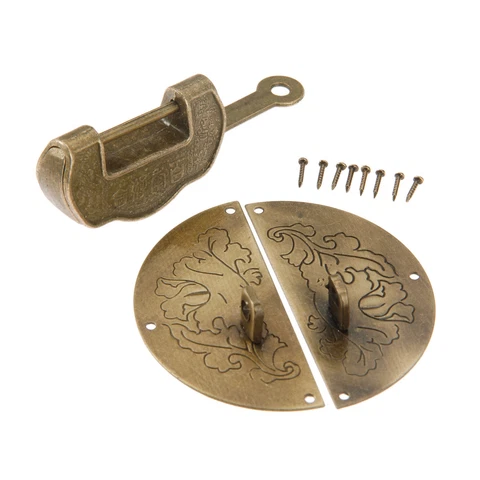 Classic Carved Word Padlock & Round Box Latch Hasp Set Jewelry Box Chest Decor Cover