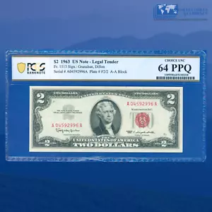 Fr.1513 1963 $2 Two Dollars Legal Tender Note Red Seal, PCGS CU 64 PPQ #92996 - Picture 1 of 2