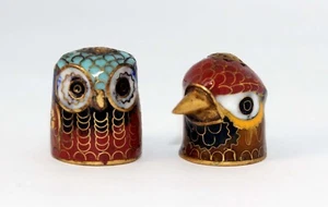 Vintage Cloisonne Enamel and Brass Thimble Bird and Owl Heads - Use or Display - Picture 1 of 19