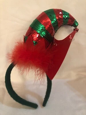 NEW Christmas Holiday Elf Sequin Red Green Hat Headband Party Girl Accessories - Image 1 of 4