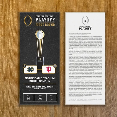 Réplica de talón de boleto de playoffs de fútbol americano universitario NOTRE DAME vs INDIANA 2024 cualquier asiento Foto 1 de 3