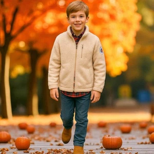 Lands End Kids Sherpa Fleece Jacket Small 7 8 Cream Zip Up Mountain Patch Lined - Picture 1 of 9