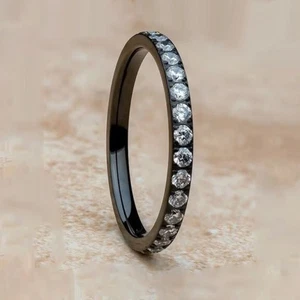 0.6 CT Round Diamond Ring Eternity Engagement Wedding Band Black Finish Silver - Picture 1 of 6