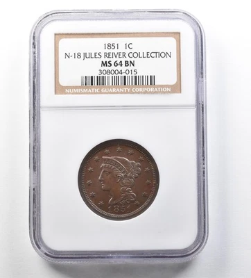 1851 Braided Hair Large Cent N-18 Jules Reiver Collection MS64 BN NGC *3448 - Image 1 of 3