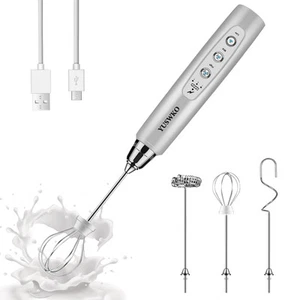 Rechargeable Milk Frother Handheld with 3 Heads, Silver Coffee Electric Whisk... - Picture 1 of 7