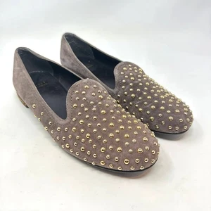 Stuart Weitzman Brown Tan Suede Gold Studded Flat Loafers Size US 7.5 - Picture 1 of 11