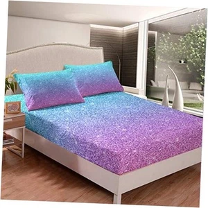 Glitter Fitted Sheet Girls Pink Teal Pastel Bed Sheet Set Cute Full Multi 27 - Picture 1 of 5