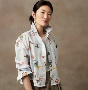 BANANA REPUBLIC Women’s Medium Crop Button Down Linen Blend Boxy Top Novelty - Picture 1 of 8