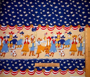 Western Fabric 1 1/8 Patriotic Cowboys Cowgirl Border Stars Navy Moda Cotton Vtg - Picture 1 of 4
