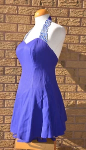 80s STEPPIN OUT Sweetheart Cocktail Dress VTG Chiffon Sequin Halter S Swing Blue - Picture 1 of 7