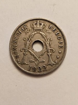 1922 🇧🇪 BELGIUM 25 CENTIMES WORLD COIN KM# 69 F-VF DETAIL HOLE IN CENTER - Image 1 of 2