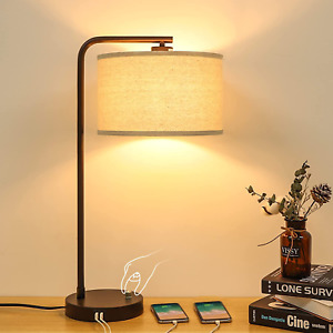 Side Table Lamp with Dual USB Ports, Dimmable Bedside Lamp Modern Nightstand Lam
