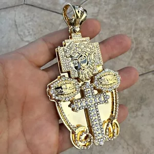 Mens 3D Jesus Combo Pendant Cross Last Supper Iced Bling Out CZ Gold Plated 3.5" - Picture 1 of 9