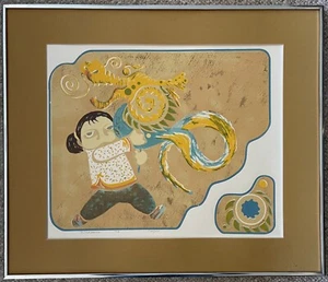 Vintage 60s Girl Dragon Kite Serigraph Wall Hanging Mid Century Modern Cragin - Picture 1 of 11