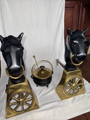 Pair Gold Brass Cast Iron Horse Equestrian Andirons Fireplace/fire Starter - Image 1 of 4