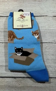 Socksmith Women's Crew Socks Cat in a Box Kittens Kitty Sock Novelty Blue NEW GX - Picture 1 of 2