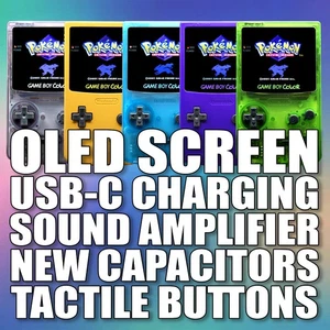 Gameboy Color *PREMIUM* OLED Screen RECHARGEABLE USB-C Battery TACTILE AMP GBC - Picture 1 of 31