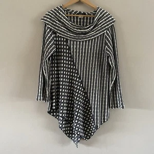 Yushi Women's Black Cream Asymmetrical Cowl Neck Tunic Top Textured Lagenlook M - Picture 1 of 11