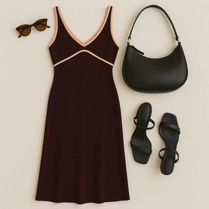 Vintage Y2K BCBG Dress Sleeveless Midi Chocolate Brown Pink Piping Bodycon Fit L - Picture 1 of 12
