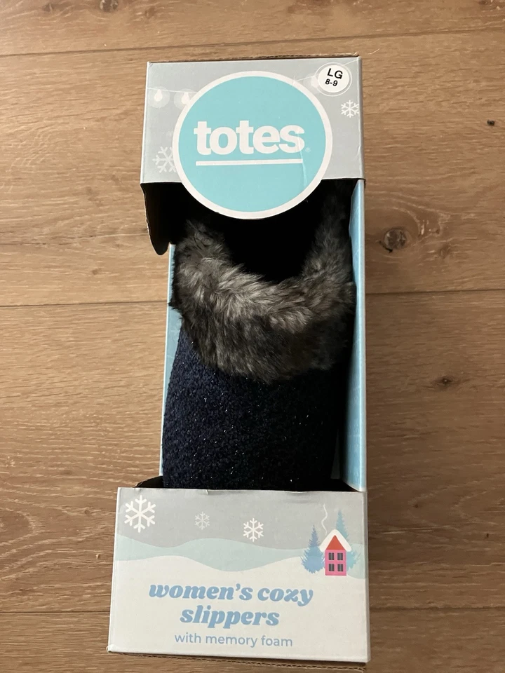 Totes Slippers Faux Fur Memory Foam Woman’s L 8-9 In Navy /Sparkle