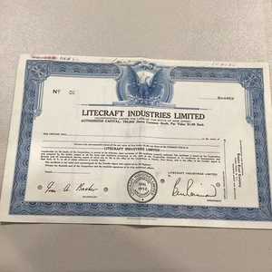 Litecraft Industries Limited 1952 Nueva Jersey certificado de stock cancelado - Imagen 1 de 8
