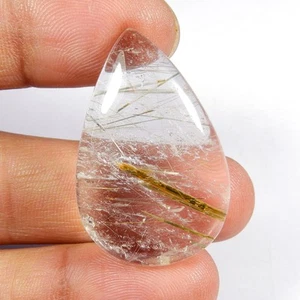 Multi Golden Rutile Quartz Gemstone 35x23 mm Pear Shape Natural Cabochon #10759 - Picture 1 of 6
