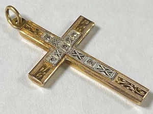 Vintage 10K Gold & Diamond Victorian Etched Cross Pendant - 1.81g / 1-1/2" - Bild 1 von 12