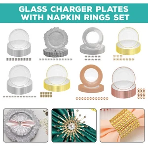 Glass Charger Plates with Napkin Rings Set for Christmas Dinner Party 33cm - Picture 1 of 230