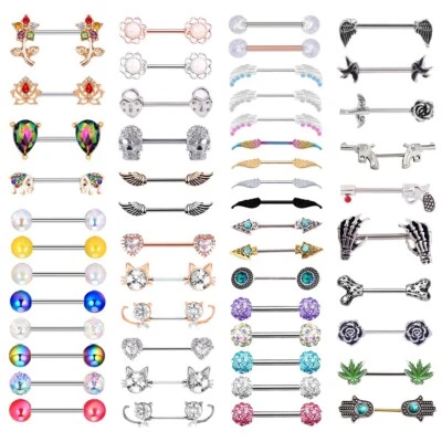 Pair Surgical Steel Nipple Rings Gem Straight Barbell Nipple Tougue Piericng 14G - Image 1 of 4