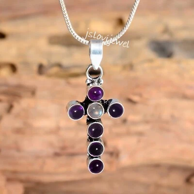 Hermoso colgante artístico cruz de plata de ley 925 con piedras preciosas de amatista y labradorita Foto 1 de 4