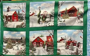 GREEN COLOR RED BARN SCENE WINTER SLED SNOWMAN COTTON FABRIC PANEL - Picture 1 of 9