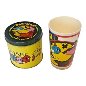 PAC MAN 1980 Plastic Mug Cup & Tin Midway Vintage Pac-Man Game Retro Lot 2 Items - Picture 1 of 15